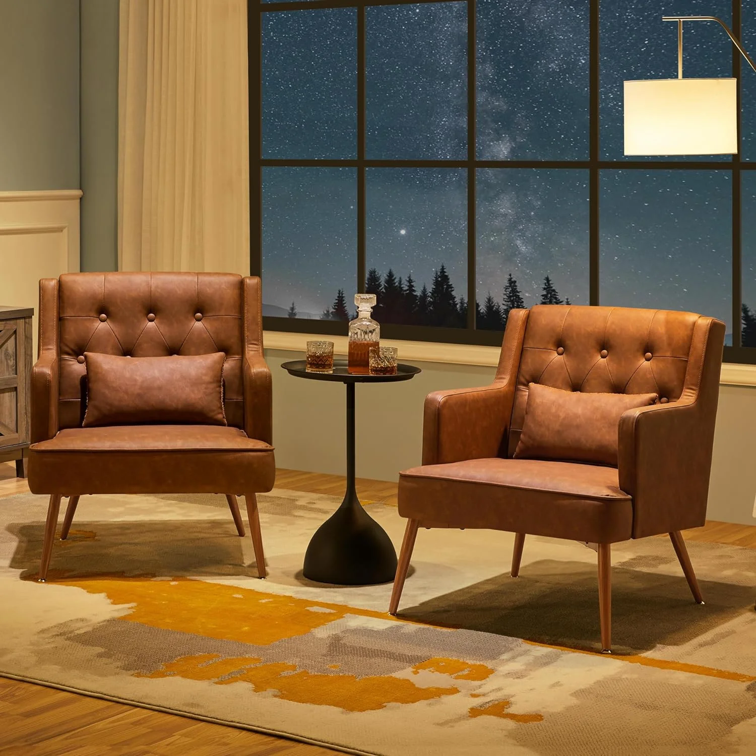 U-ToBe Accent Chair, Living Room Chair Mid Century PU Leather Armchair Lumbar Pillow, Comfy Upholstered Reading Chair Wood Leg Bedroom Lounge Brown