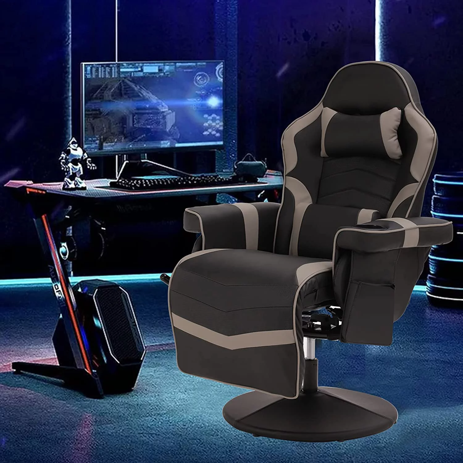LVUYOYO Massage Video Gaming Recliner Chair Ergonomic Backrest & Seat Height Adjustment Swivel Recliner PU Leather High Back Computer Office Chair with Cupholder, Headrest, Lumbar Support, Footrest