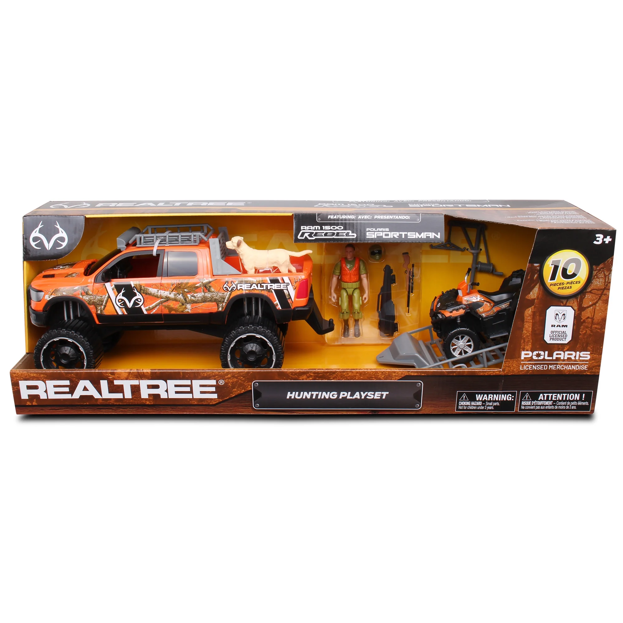 RealTree 10pc Hunting Playset: Ram 1500 w/ Dog - NKOK 1:18 Scale, Set w/ Rebel Truck, Polaris ATV, Trailer & More