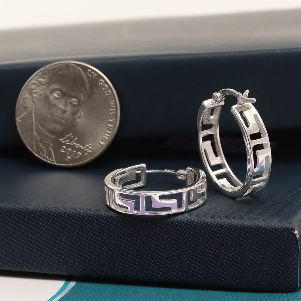 LeCalla 925 Sterling Silver Greek Wall Cut-Out Pattern Light-Weight Click Top Filigree Hoop Earrings for Women and Teen Girls 20MM