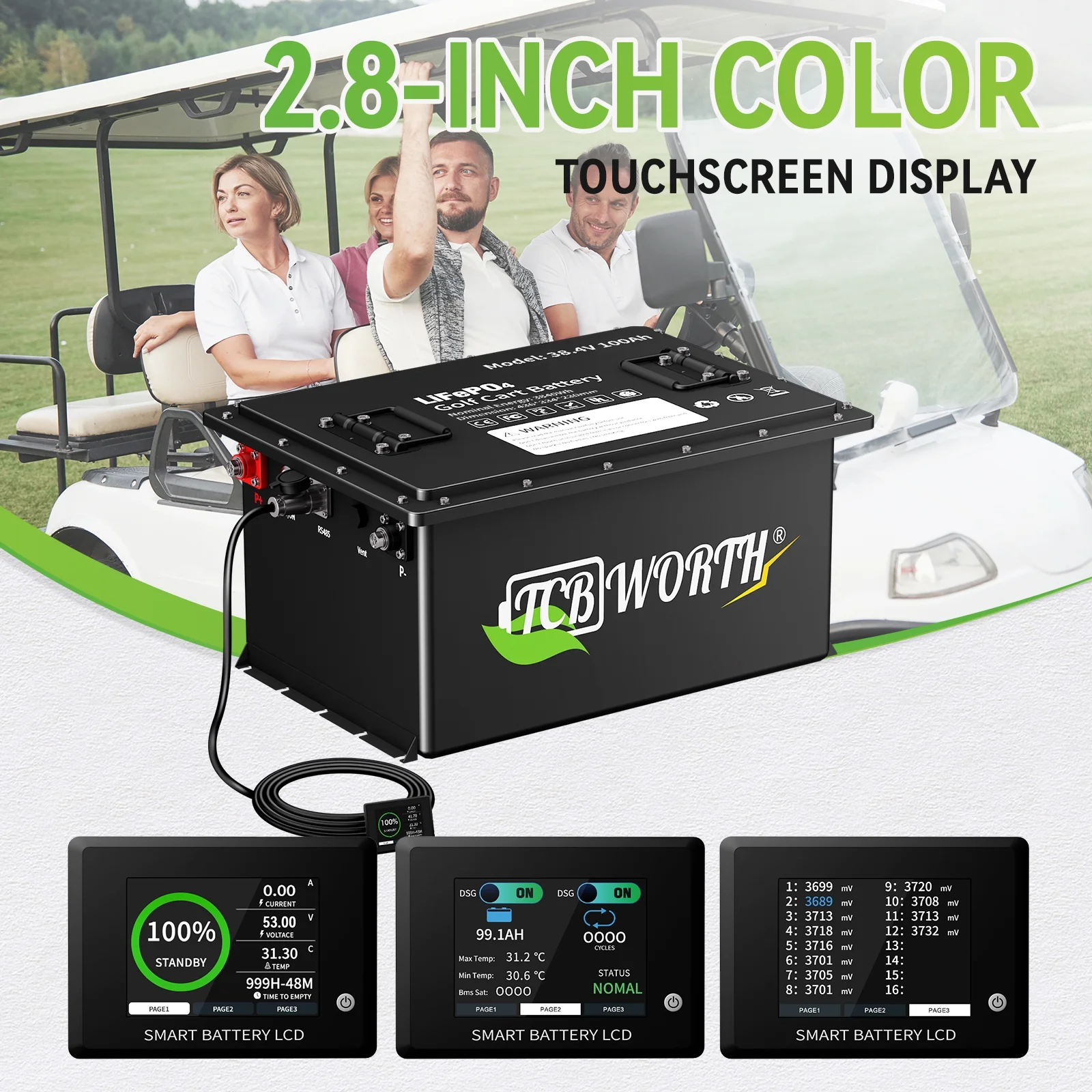 36V 100Ah Golf Cart Battery,200A BMS,15000 Cycles LiFePO4 Battery,with a Battery Monitor