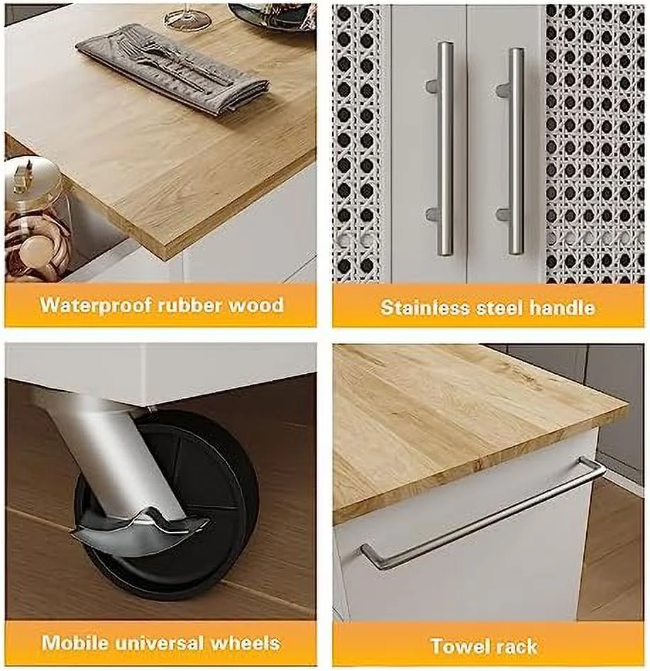 SQRTCV Kitchen Island with   Rolling Kitchen Island on Wheels with Solid Wood Countertop  White Kitchen Island Cart with Rattan  Cabinet  Spice Rack  Towel Rack and Drawers