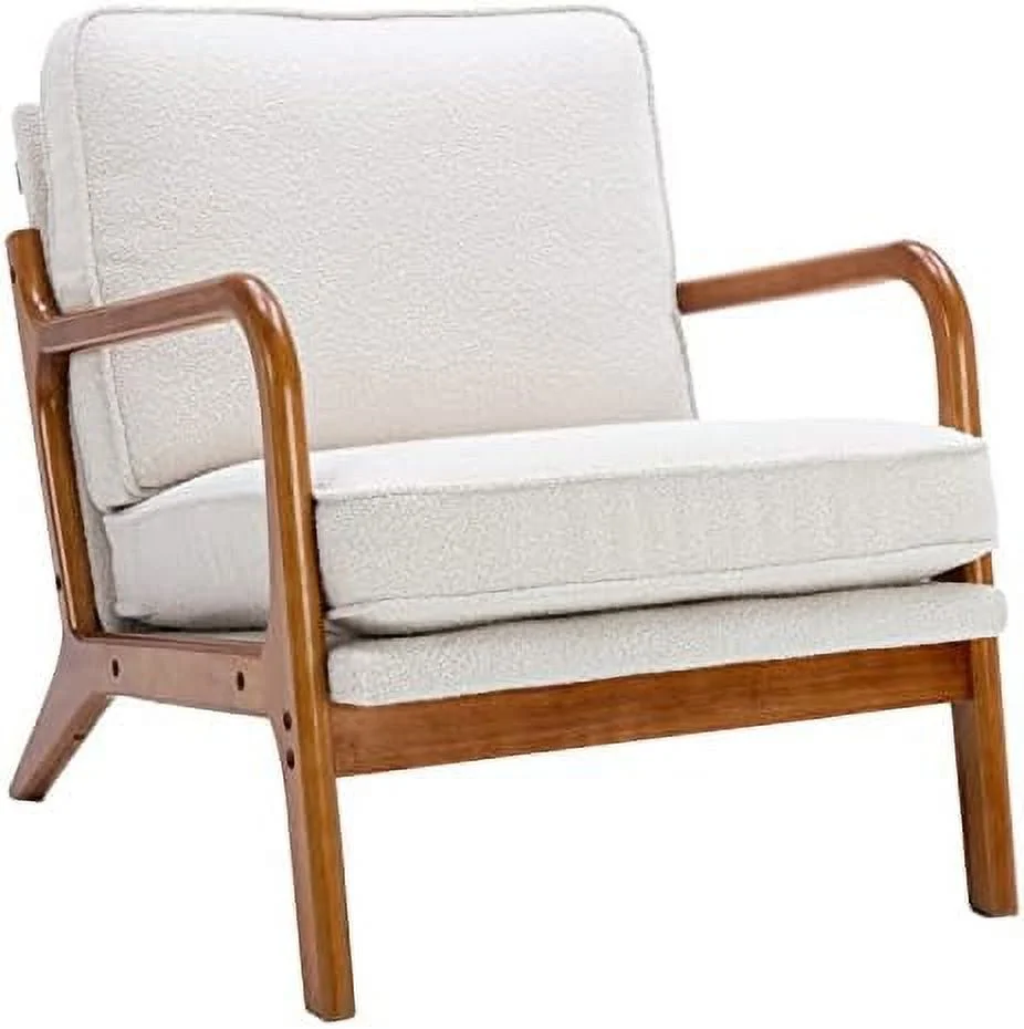 xrboomlife Modern Mid-Century Accent Chairs  Teddy Fabric Upholstered Padded Reading Chair  Side Chair  Arm Chair Wooden Lounge Chair for Living Room  Bedroom (Beige Teddy)