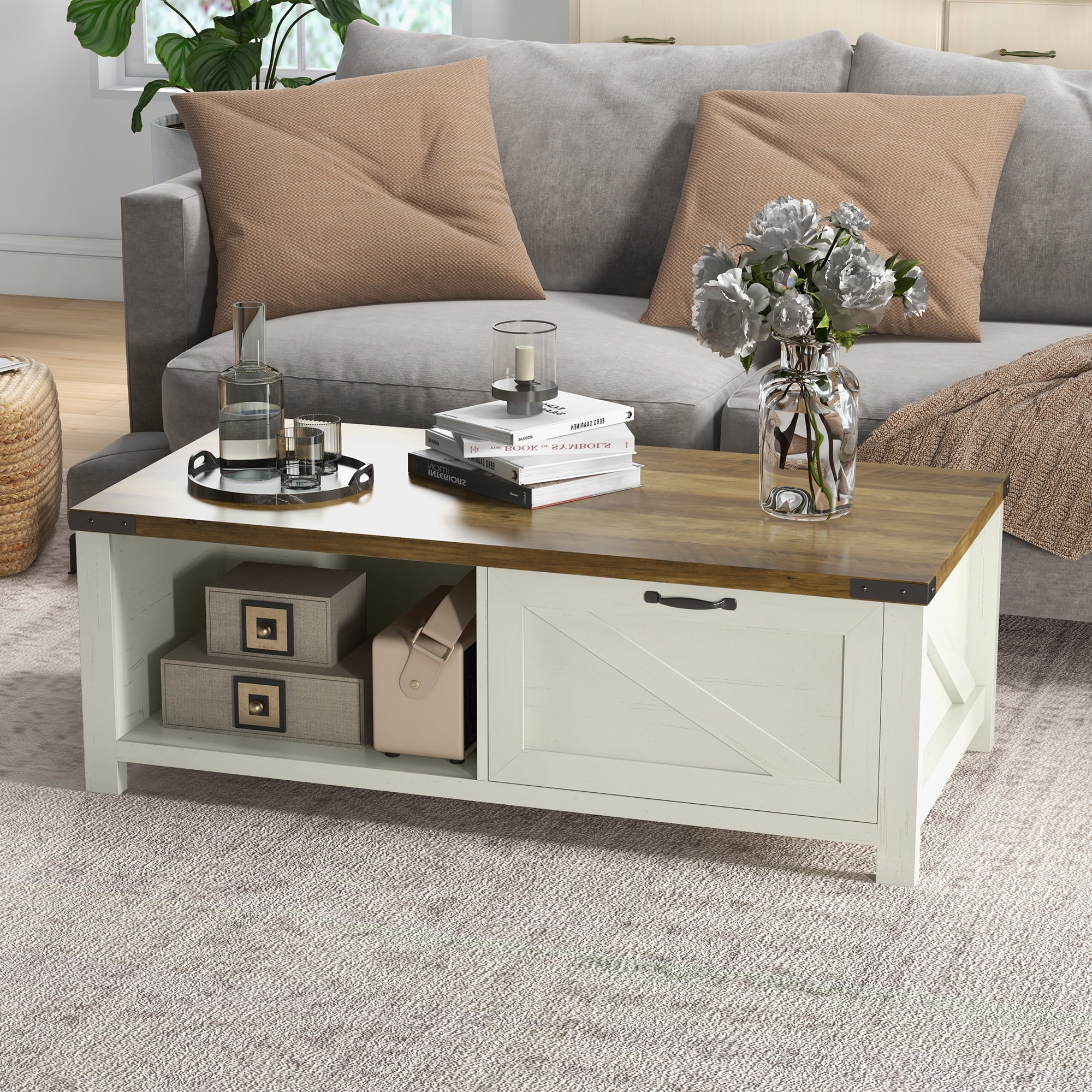 Farmhouse Style Wooden Coffee Table With Drawer And Open Shelf, Living Room Vintage Media Entertainment Center With Ample Storage Space