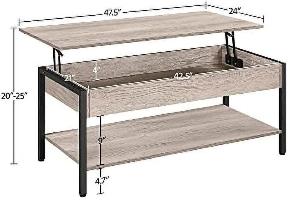 Industrial Lift Top Coffee Table with Hidden  Compartment  Rustic Wooden Central Table  41 In Center Cocktail Table for Living Room/Reception Room  Gray
