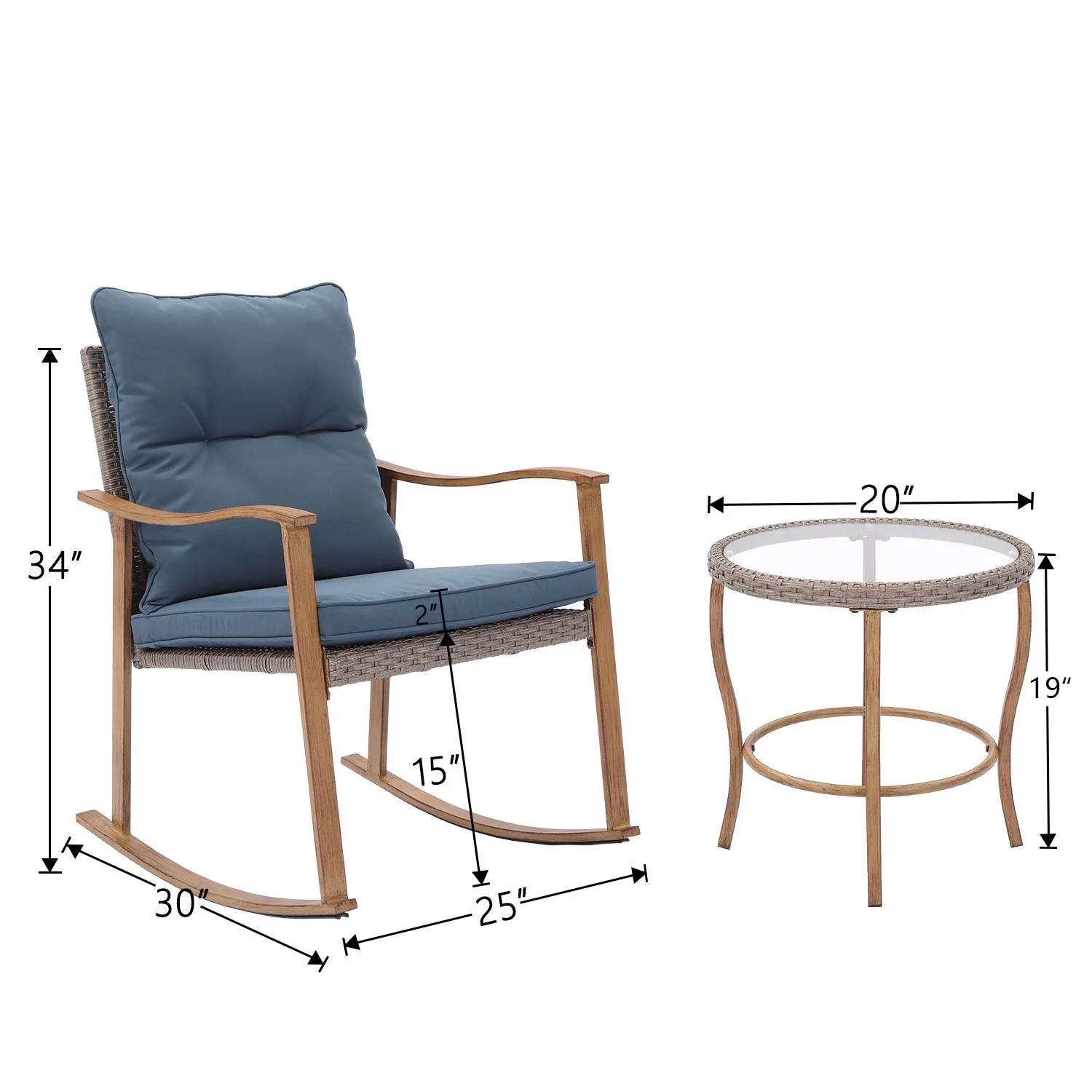 COSIEST 3 Piece Bistro Set Patio Metal Rocking Chairs with Table, Cobalt Blue Cushions