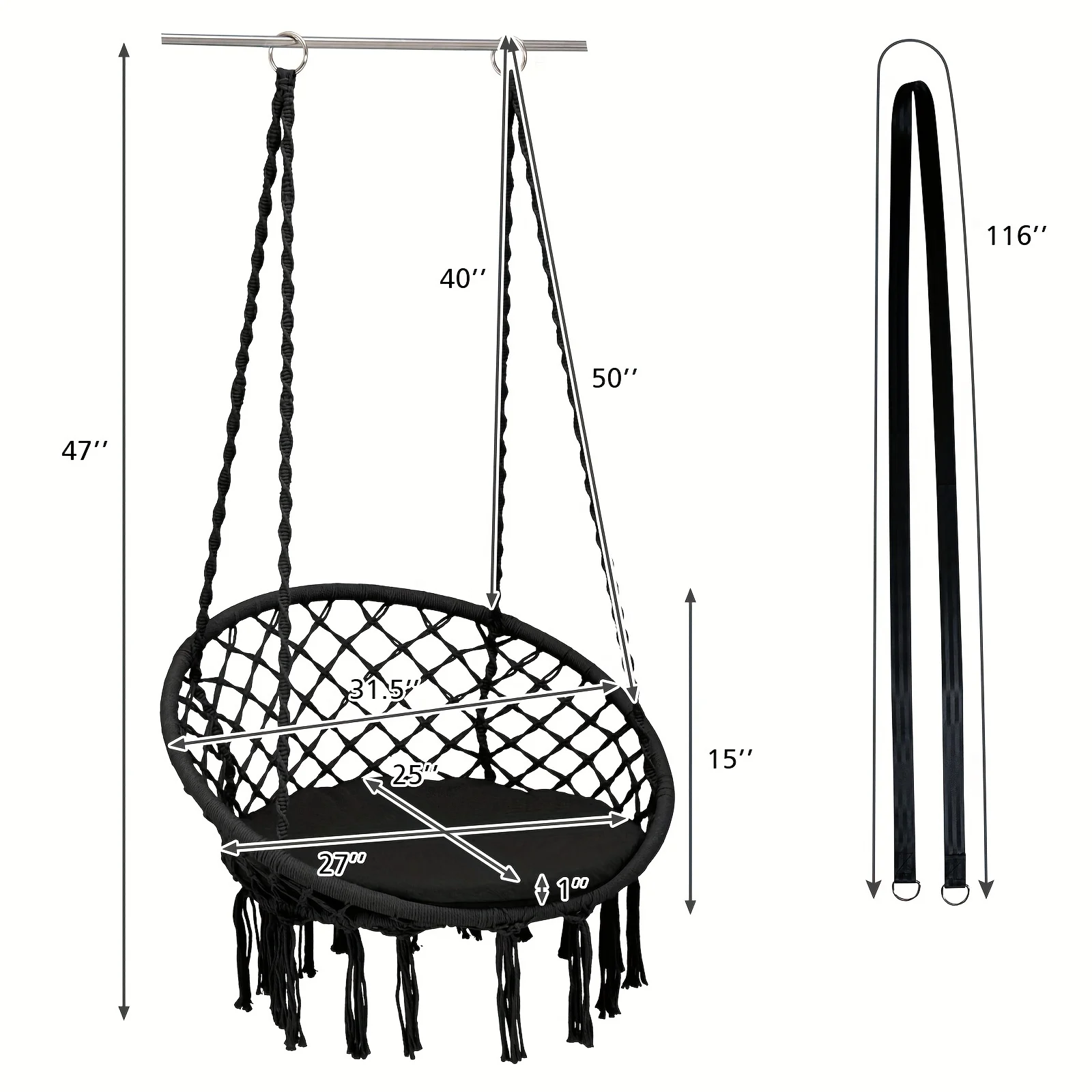Hammock Chair Macrame Swing - Hanging Chair with Cushion and Hardware Kit, 330 LBS Weight Capacity, Indoor Swing for Hammock Stand, Patio, Balcony, Living Room Hammock Swing (Black)