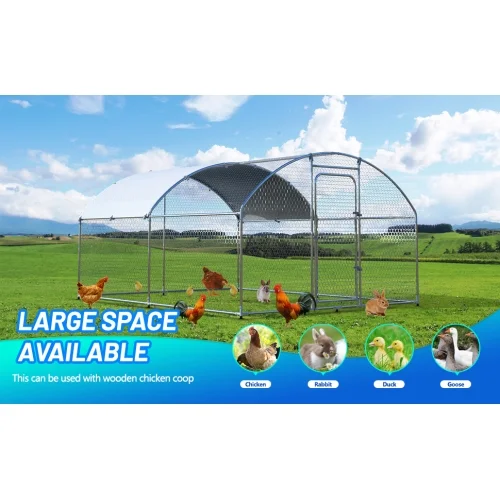 Metal Large Chicken Coop Walk-in Poultry Cage Large Chicken Run Arc Shaped Cage with Waterproof Anti-Ultraviolet Cover, 1.00
