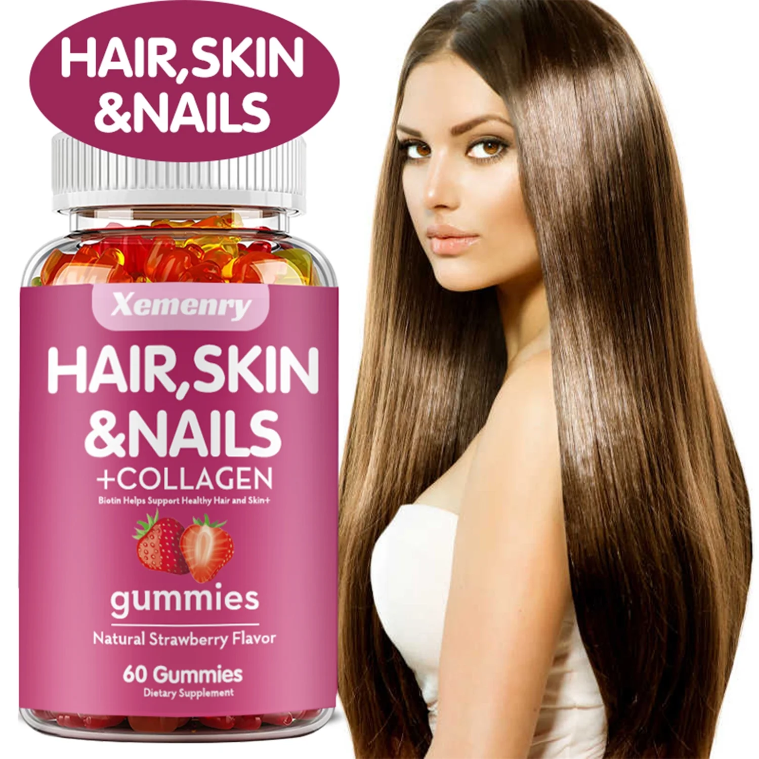 Xemenry Hair, Skin and Nails Gummies-with Biotin,Collagen-Suitable for Hair,Nails,Skin(30/60/100pcs)
