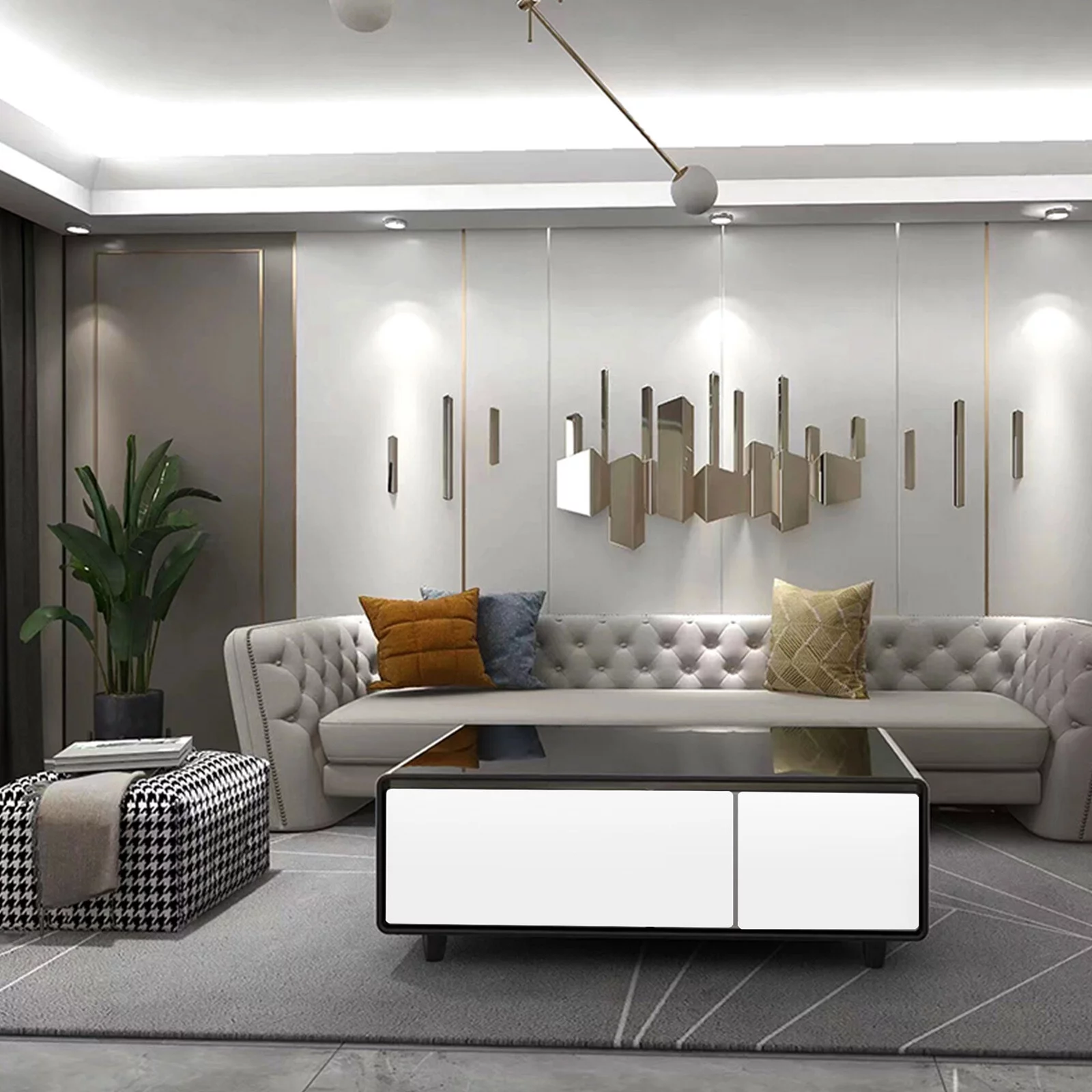 KALEFU Modern Smart Mini Multifunction Coffee Table with Built in Fridge,Outlet Protection,Wireless Charging Module,Mechanical Temperature Control,Power Socket,Usb Interface and Power Interface