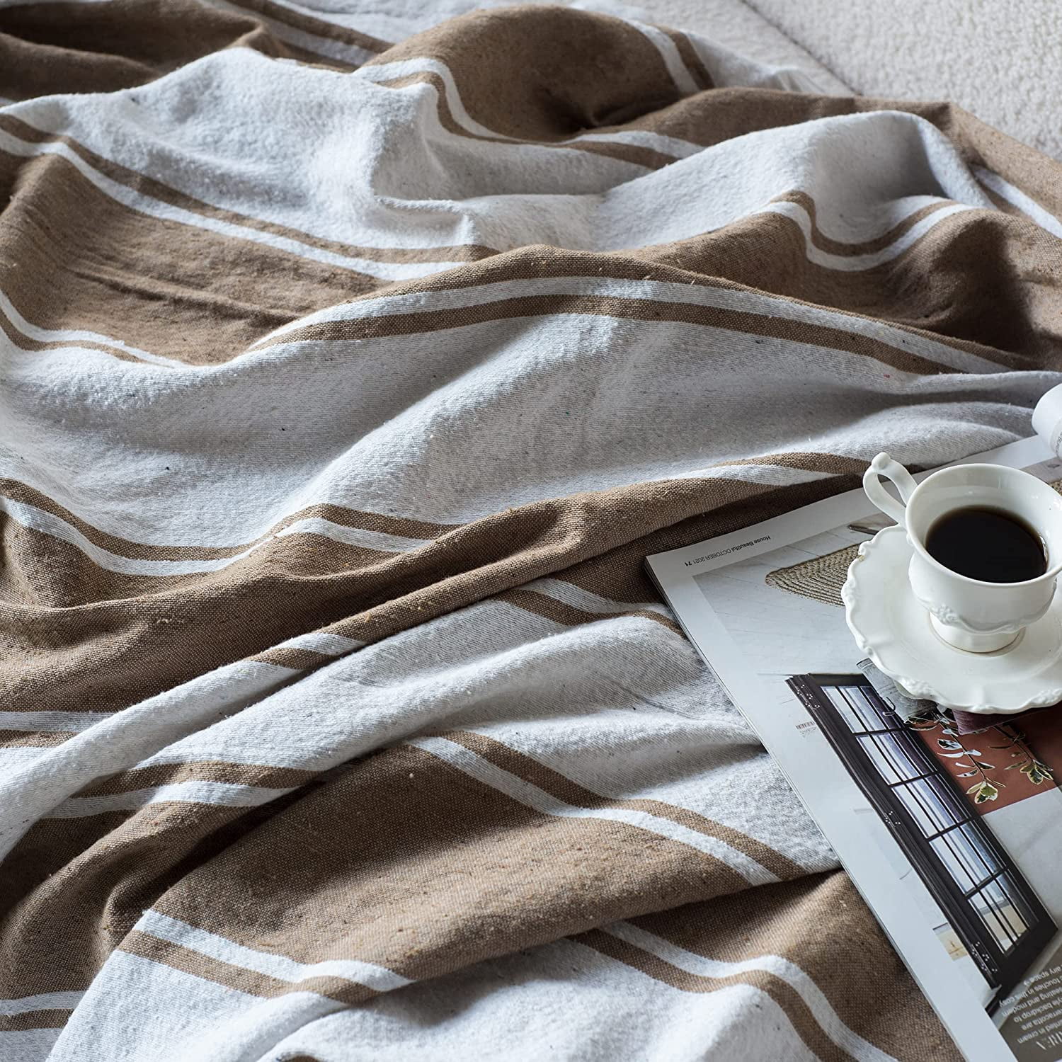 A&B Home Throw Blanket - Brown and White Stripe Woven Cotton Blend Blanket, 50