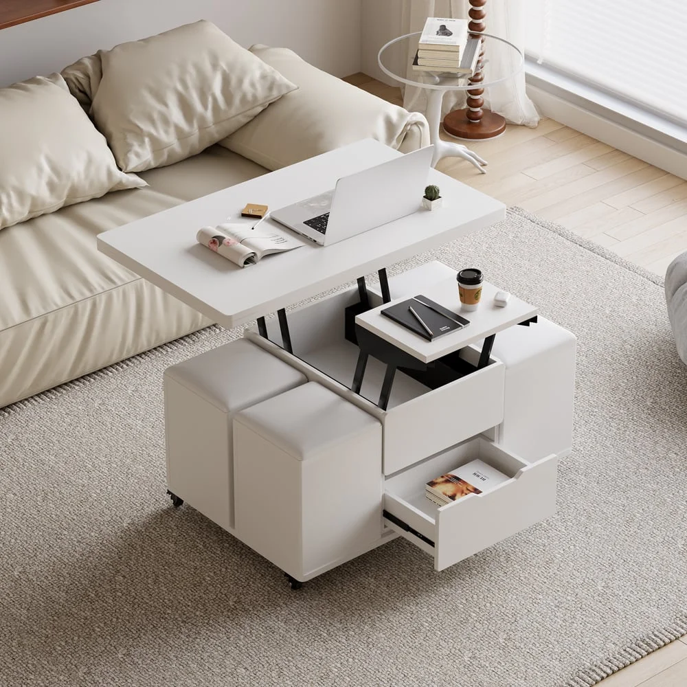 Homary Modern White Lift Top Coffee Table 4 in 1 with Storage Ottoman Foldable and Casters