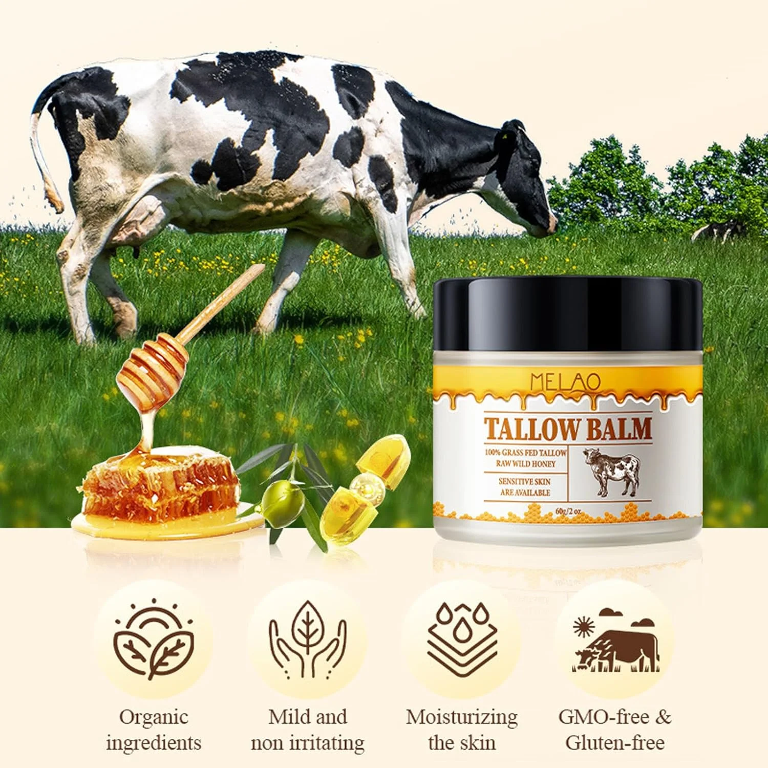 ZUANYETD Beef Tallow Creme für Die Hautpflege, Rinderhalsbalsam, 100% Faltenverteidigung Tallow Balm, Grass Fed Tallow Raw Wild Honey, Gesicht und Körper Gepeitschte Feuchtigkeitscreme