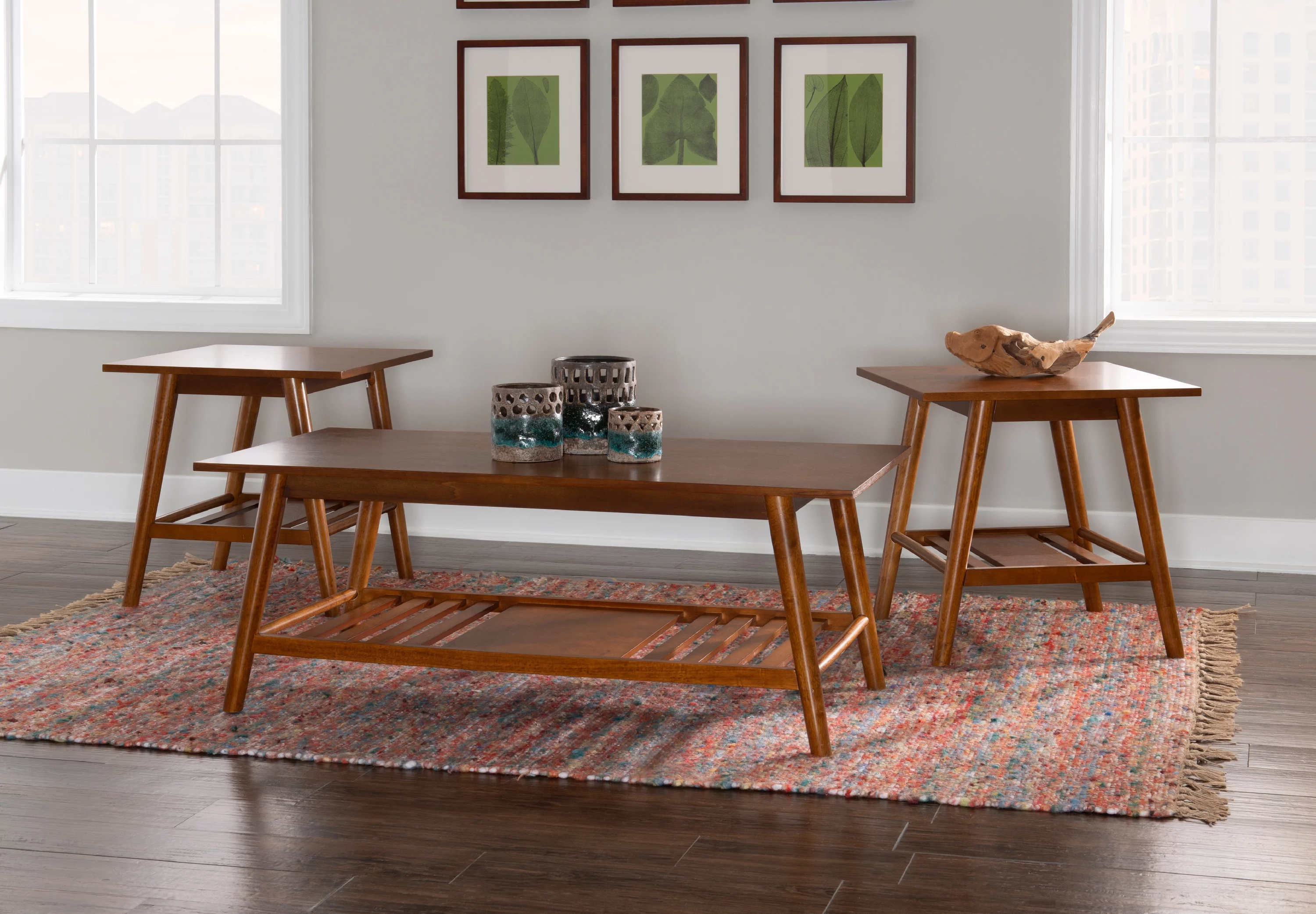 Linon Ashville 3-Piece Mid-Century Coffee and End Table Set, Walnut Finish