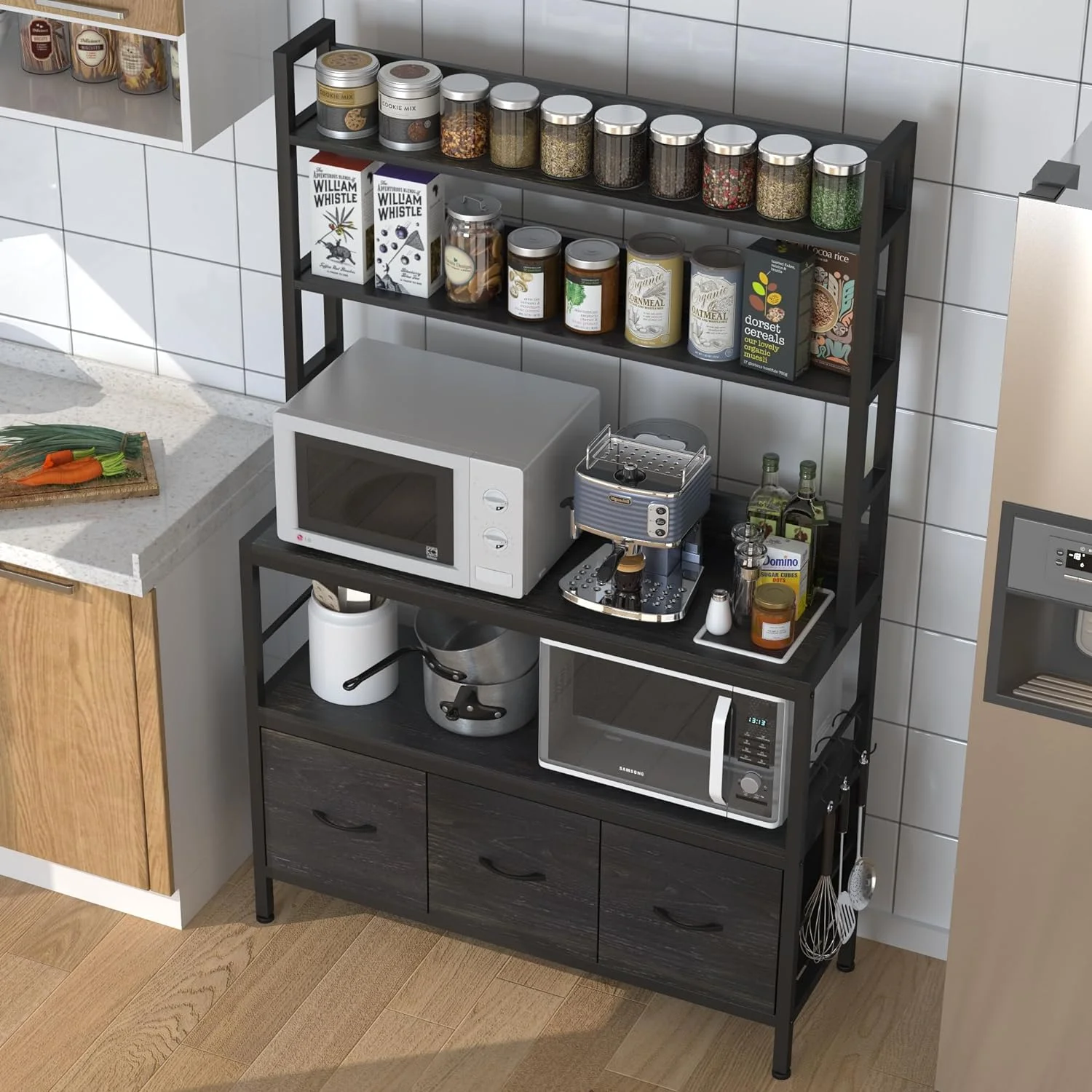 Kitchen Bakers Rack with Baskets,5-Tier Free Standing Kitchen Storage Shelf Rack,Industrial Microwave Oven Stand,Metal Kitchen Rack Organizer with Hooks(Black)