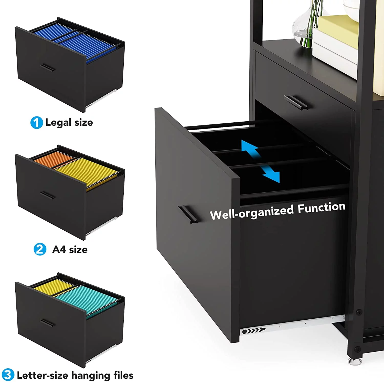 Tribesigns Bookcase, 4-Tier Bookshelf with 2 Drawers, Lateral Filing Cabinet with File Drawer, Etagere Standard Book Shelves Display Shelf