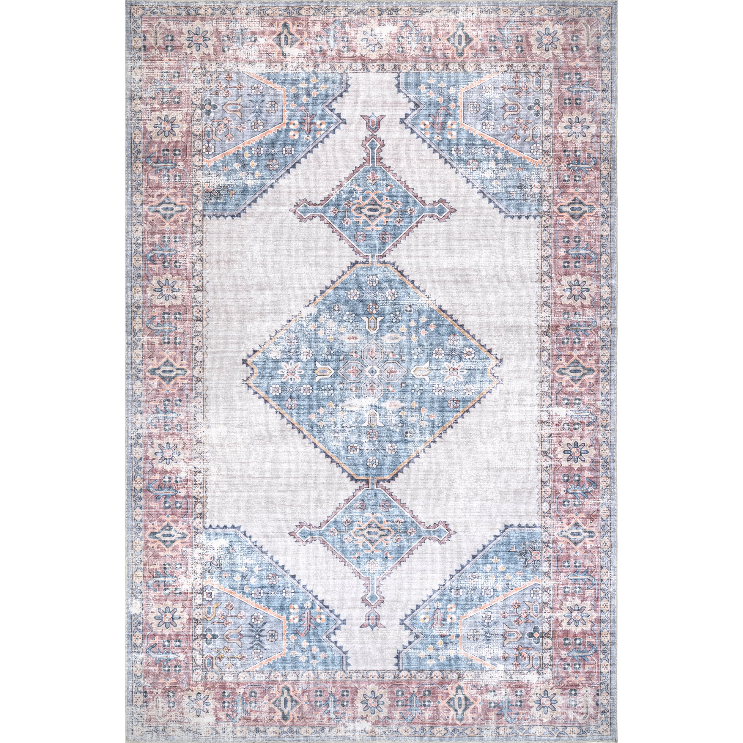 nuLOOM Olga Machine Washable Distressed Vintage Medallion Area Rug, 8' x 10', Blue