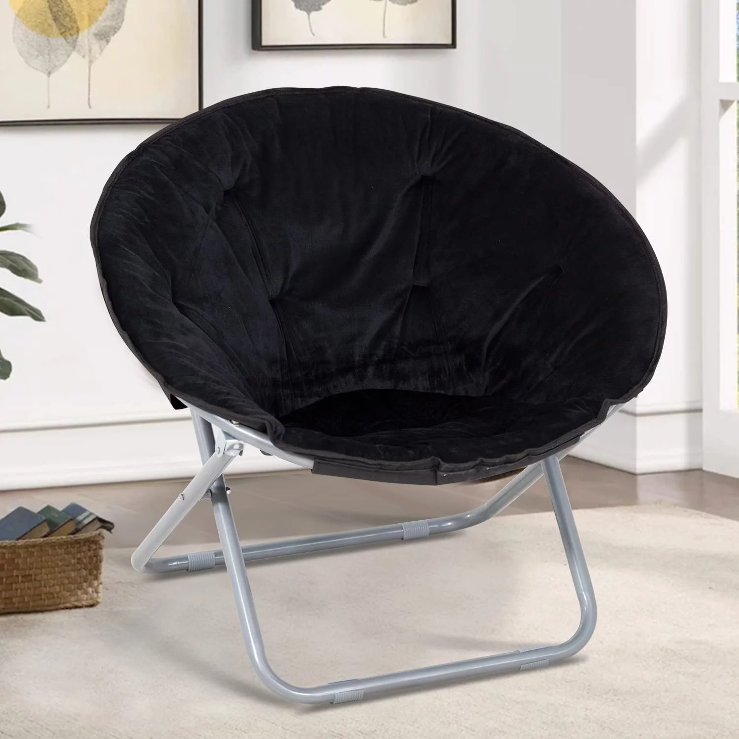 NiamVelo Saucer Chair Moon Chair for Bedroom, Foldable Chair Faux Fur Saucer Chair Soft Lounge Chair with Collapsible Metal Frame, Black Upgraded