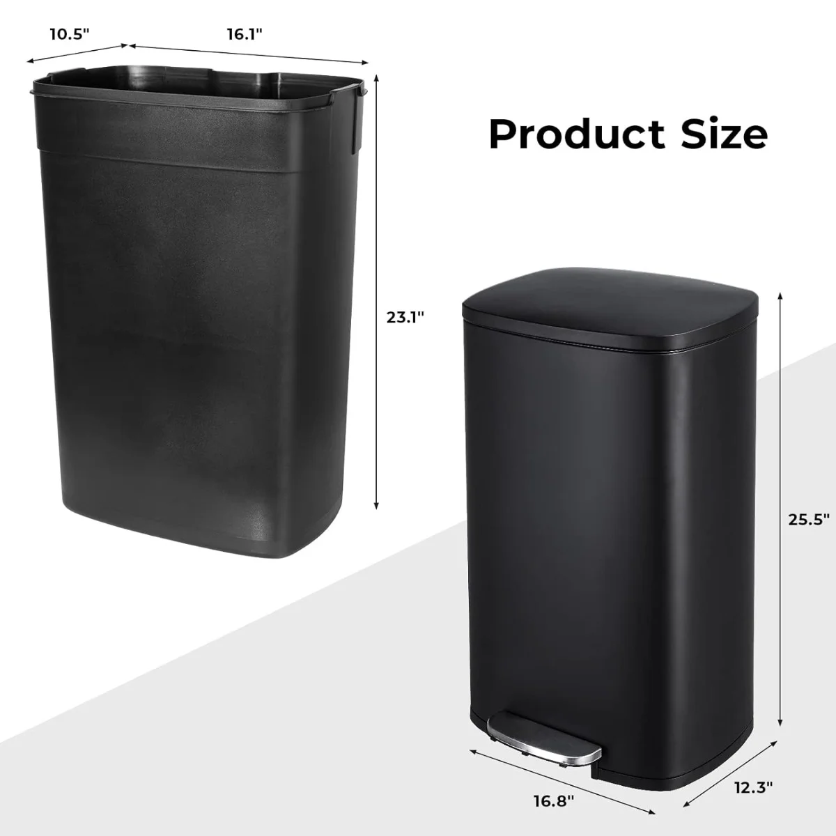 8/13.2 Gallon Step Trash Can, Stainless Steel Garbage Bin, Soft-Close Rubbish Bin with Removable Plastic Inner Bucket, Fingerprint-Proof, Lid Dustbin, Suit for Kitchen Home (Black, 50L)