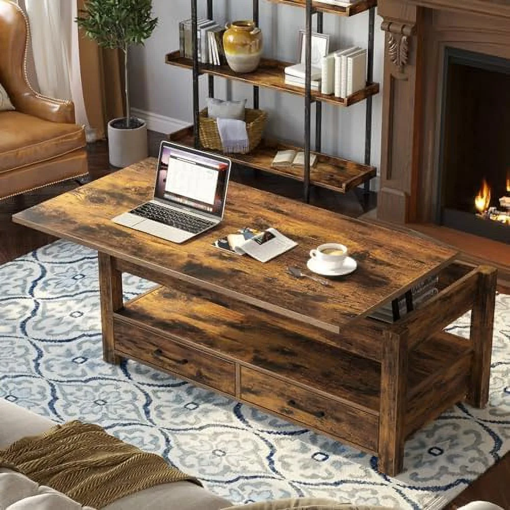 GVJMTKP Coffee Table  47.2" Lift Top Coffee Table with Drawers and Hidden Compartment  Retro Central Table with Wooden Lift Tabletop  for Living Room  Rustic Brown