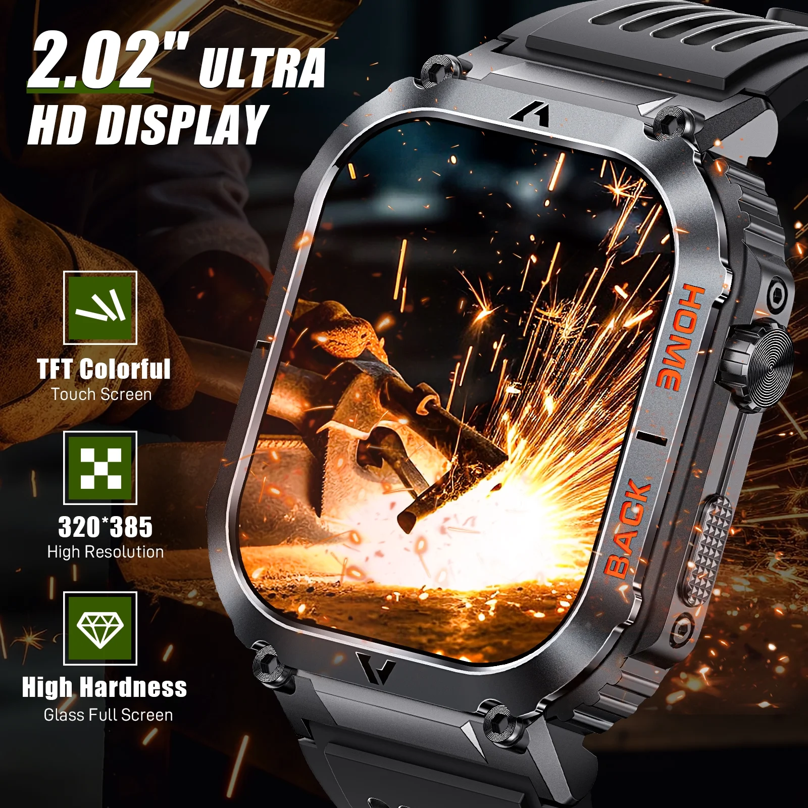 Pakrys Smart Watch for Men 2.02-inch Ultra HD Resolution Screen 5ATM Waterproof Military-Grade Smartwatch Outdoor Tactical Fitness Tracker 100+ Sports Modes Watch for iPhone Android Phones