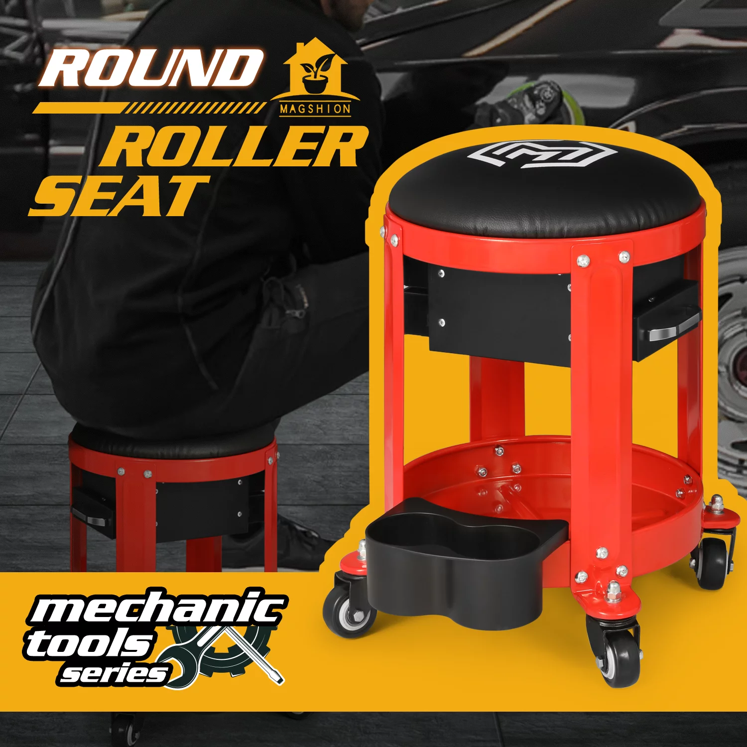 Magshion Round Mechanics Roller Seat Creeper Stool With Padded Cushion, Tool Storage Drawer and Tray, 300lbs Weight Capacity, Red