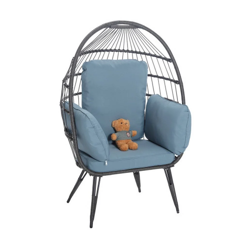 Qulable COOLMORE Egg Chair Wicker Outdoor Indoor Oversized Large Lounger with Stand Cushion Egg Basket Chair 350lbs Capacity for Patio, Garden Backyard Balcony, Blue