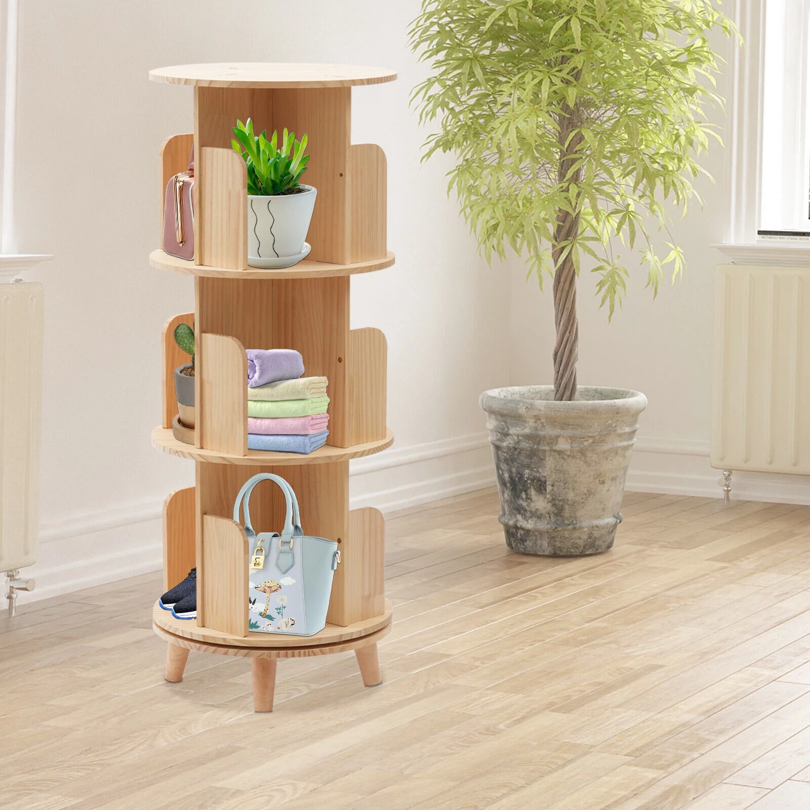 360° Display Floor Standing Pine Wood Bookcase 3 Tier Rotating Bookshelf Organize for Corridors, Balconies, Living Rooms