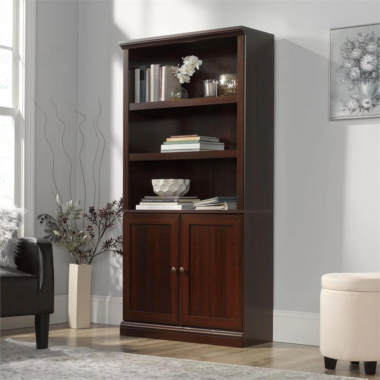 Pemberly Row 3-Shelf Modern Engineered Wood Bookcase in Cherry