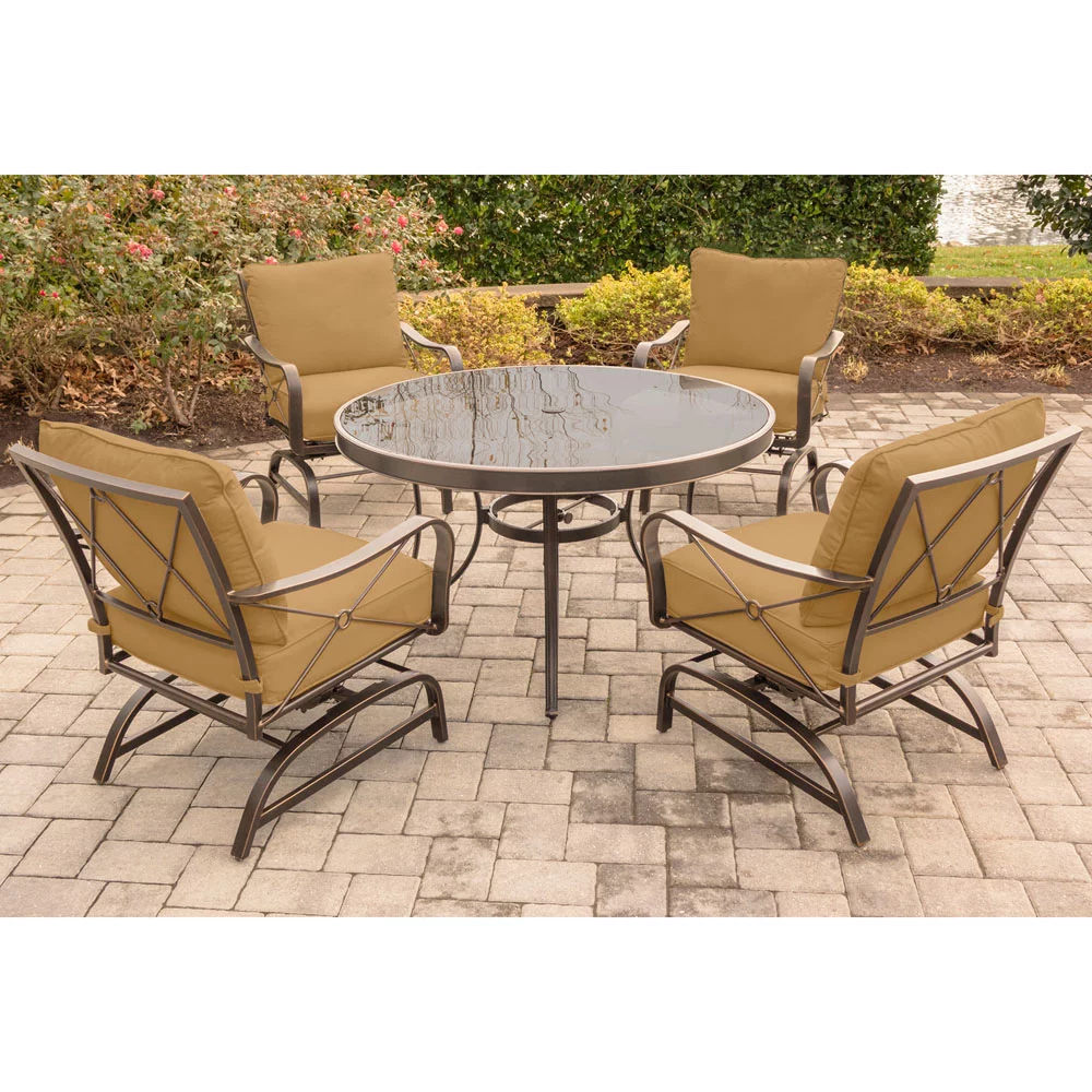 Hanover Summer Nights 5-Piece Dining Set with Four Cushioned Rockers and a 47 in. Glass-top Table