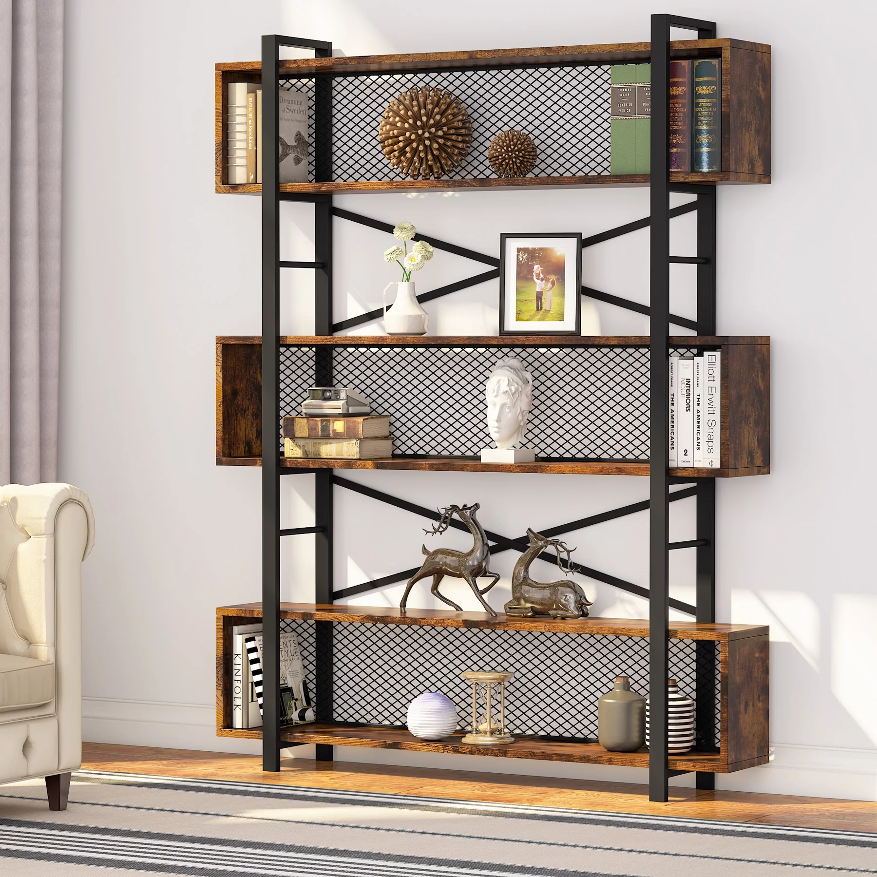 Tribesigns 5-Shelf Bookshelf with Metal Wire, Vintage Industrial Bookcase Display Shelf Storage Organizer with Metal Frame for Home Office, 47.2 L x 9.4 D x 71 H (Retro Brown)