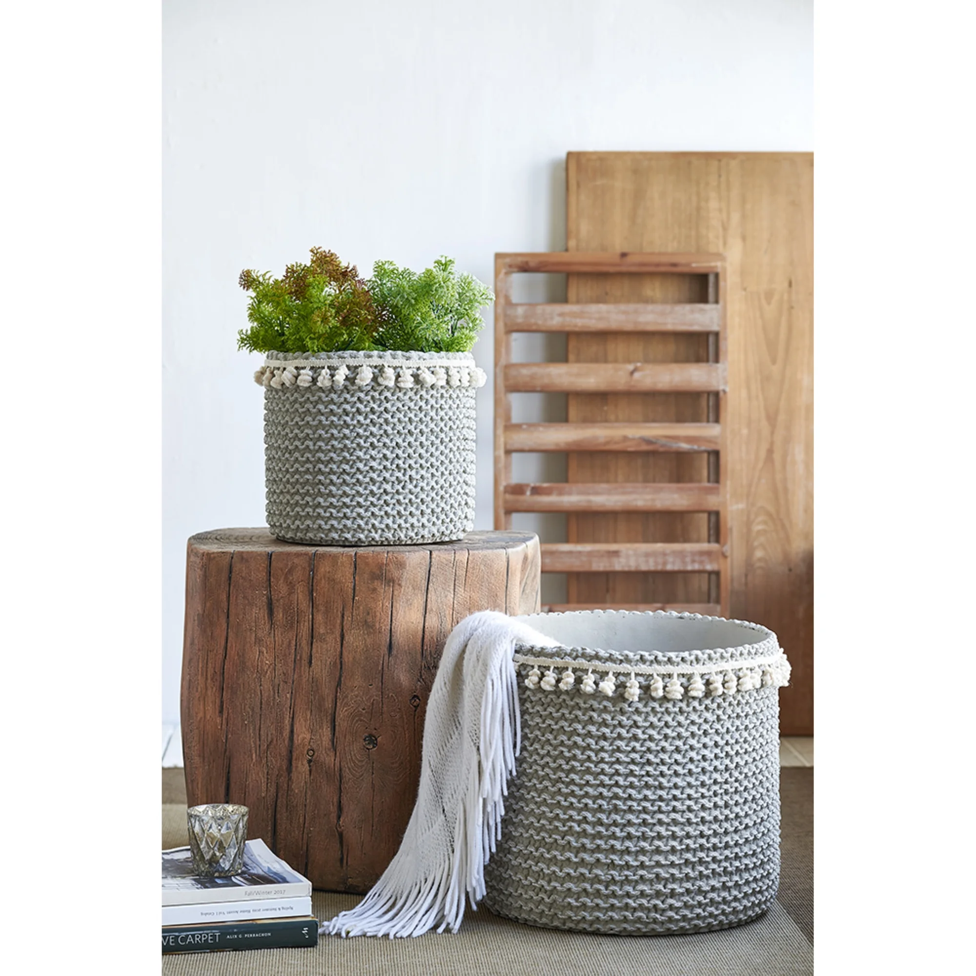 CC Home Furnishings Large Round Basket Planters with Tassel - 13.75