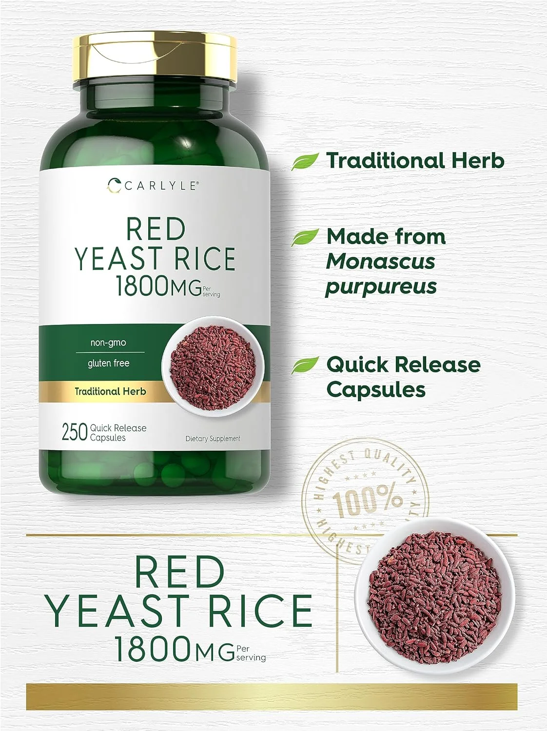 Red Yeast Rice 1800 mg | 250 Capsules | Non-GMO, Gluten Free Supplement | by Carlyle