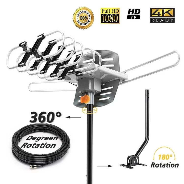 TV Antenna Outdoor Amplified HDTV Antenna 150 Mile Motorized with Adjustable Antenna Mount Pole for 2 TVs Support UHF/VHF 4K 1080P Channels Wireless Remote Control - 33FT Coax Cable