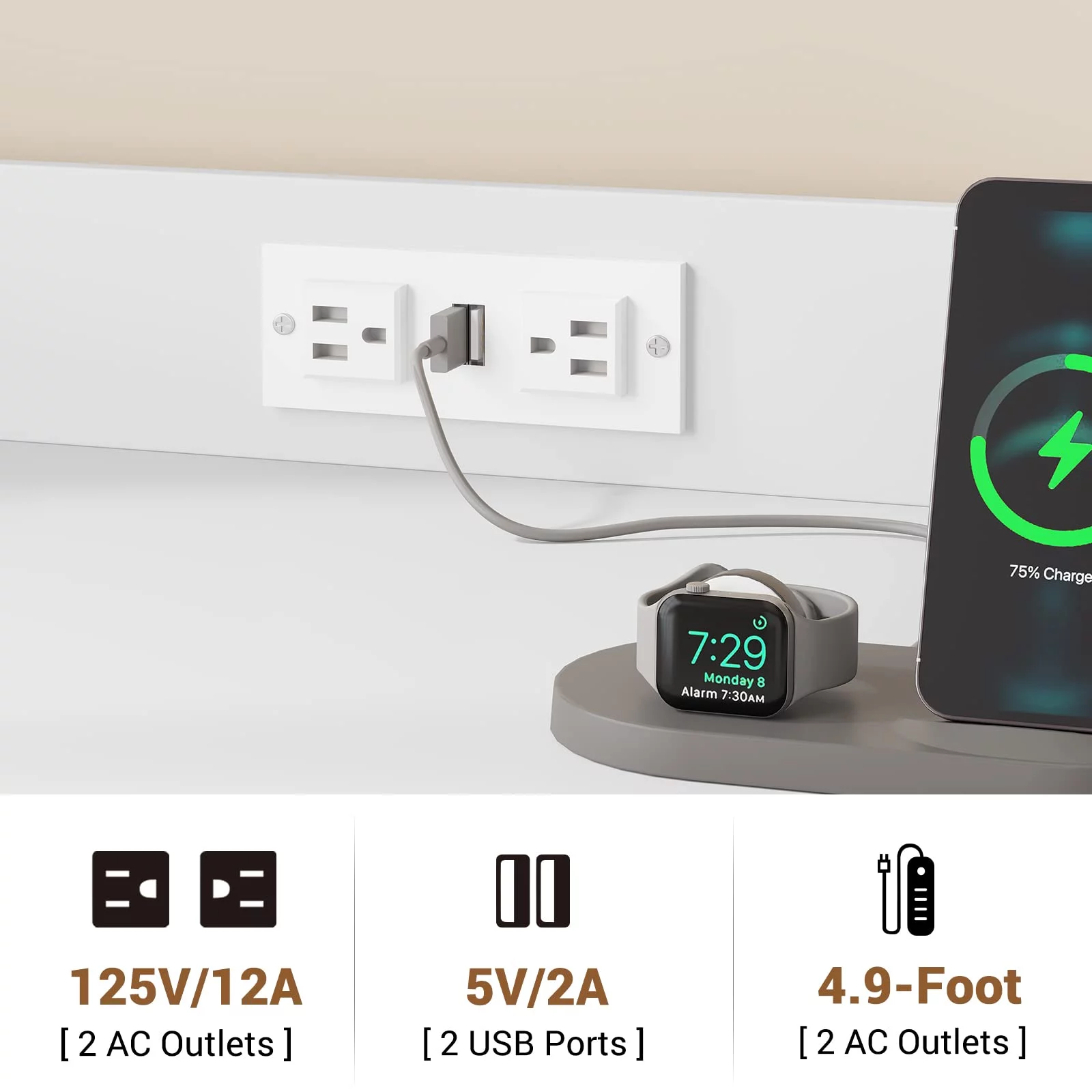 47” Filing Cabinet with Power Strip, 2 Drawer File Cabinet with Lock, White Finish