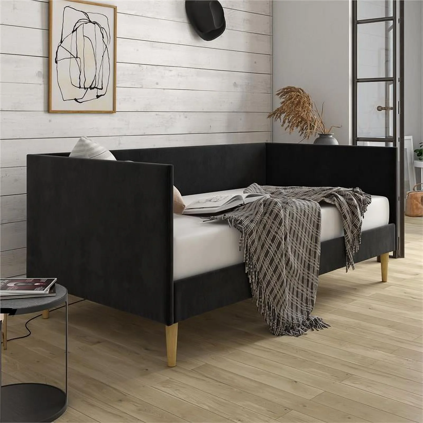 DHP Franklin Mid Century Upholstered Daybed Twin Size in Black Velvet