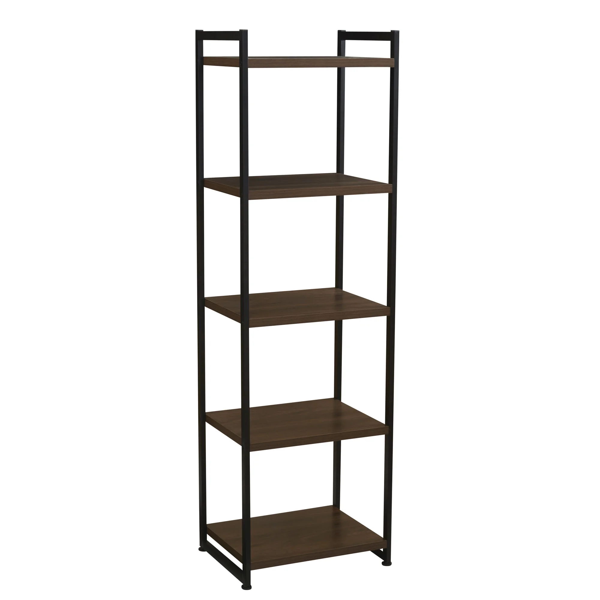 Household Essentials Jamestown Narrow 5 Shelf Open Storage Bookshelf Mid Century Walnut Wood Grain and Black Metal