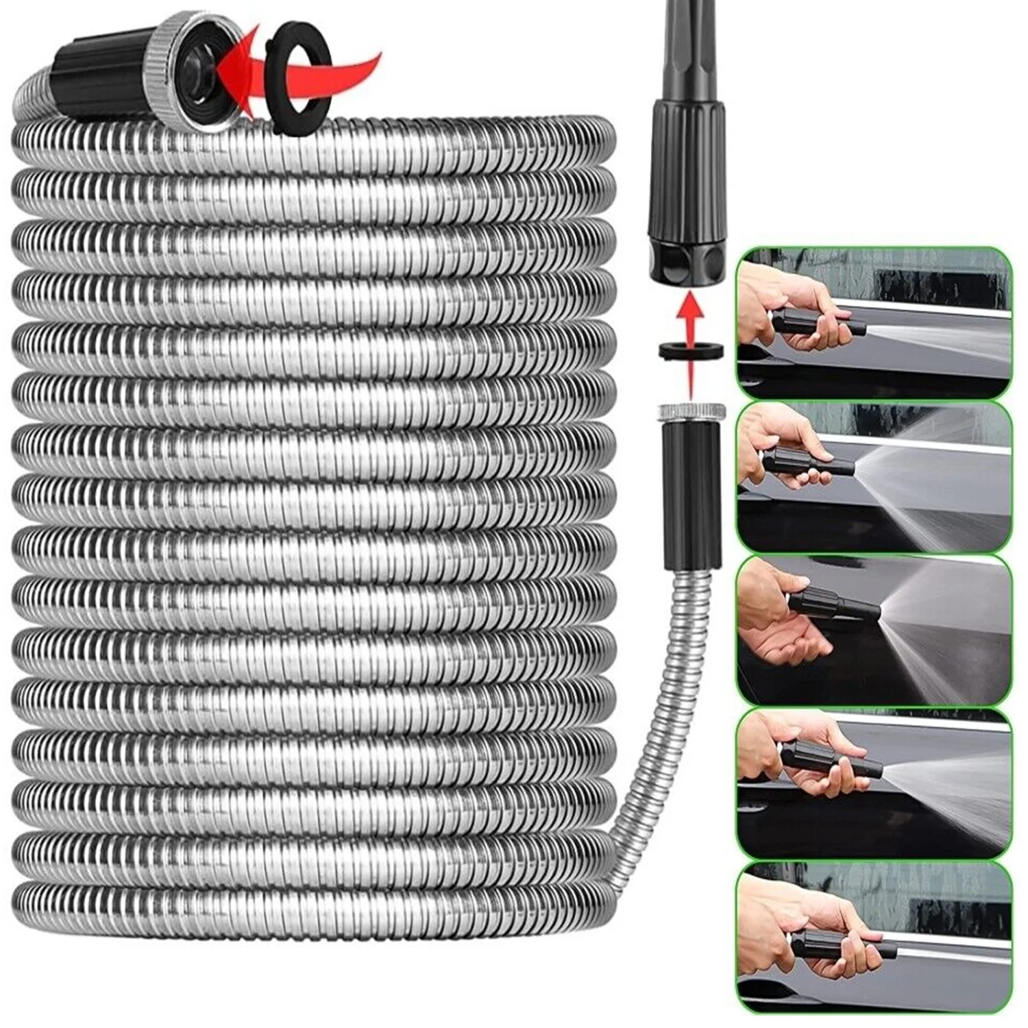 50FT 304 Stainless Steel Metal Garden Water Hose Flexible Patio Home with 6 Spray Nozzle Patterns