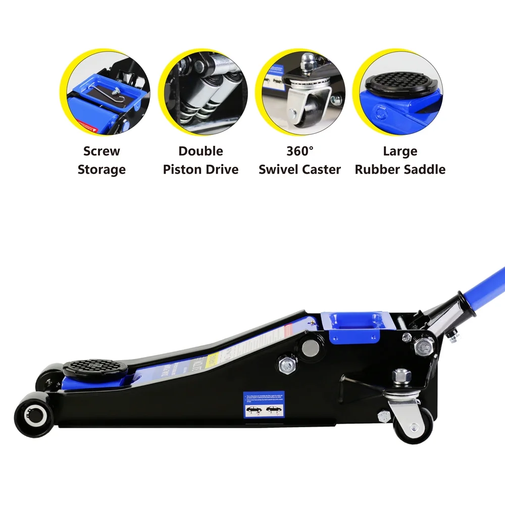 Yone jx je Hydraulic Low Profile and Steel Racing Floor Jack 3 Ton (6600 lb) Capacity, with Dual Piston Quick Lift Pump, Blue Lifting range 3.3