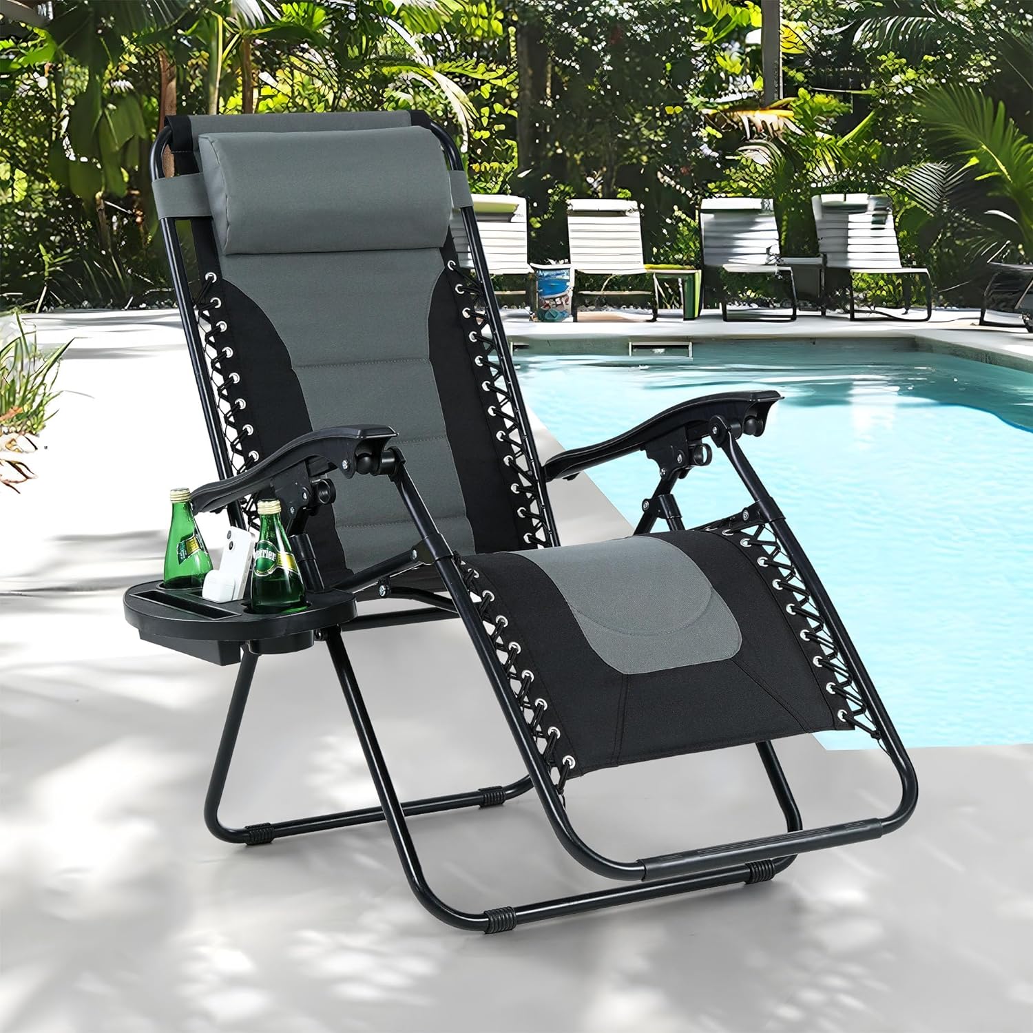 Padded Recliner Chair Set Of 2, Folding Patio Lounge Chair W/Adjustable Pillows & Cup Holder For Poolside Backyard, Support 350Lbs(Red)