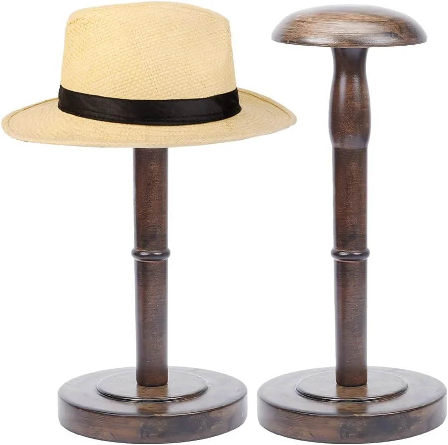 1 Pcs Table Hat Stand Vintage Brown Hat Rack Wooden Hat Stand Holder with Stem Wig Display Rack Helmet Organizer Storage for Home