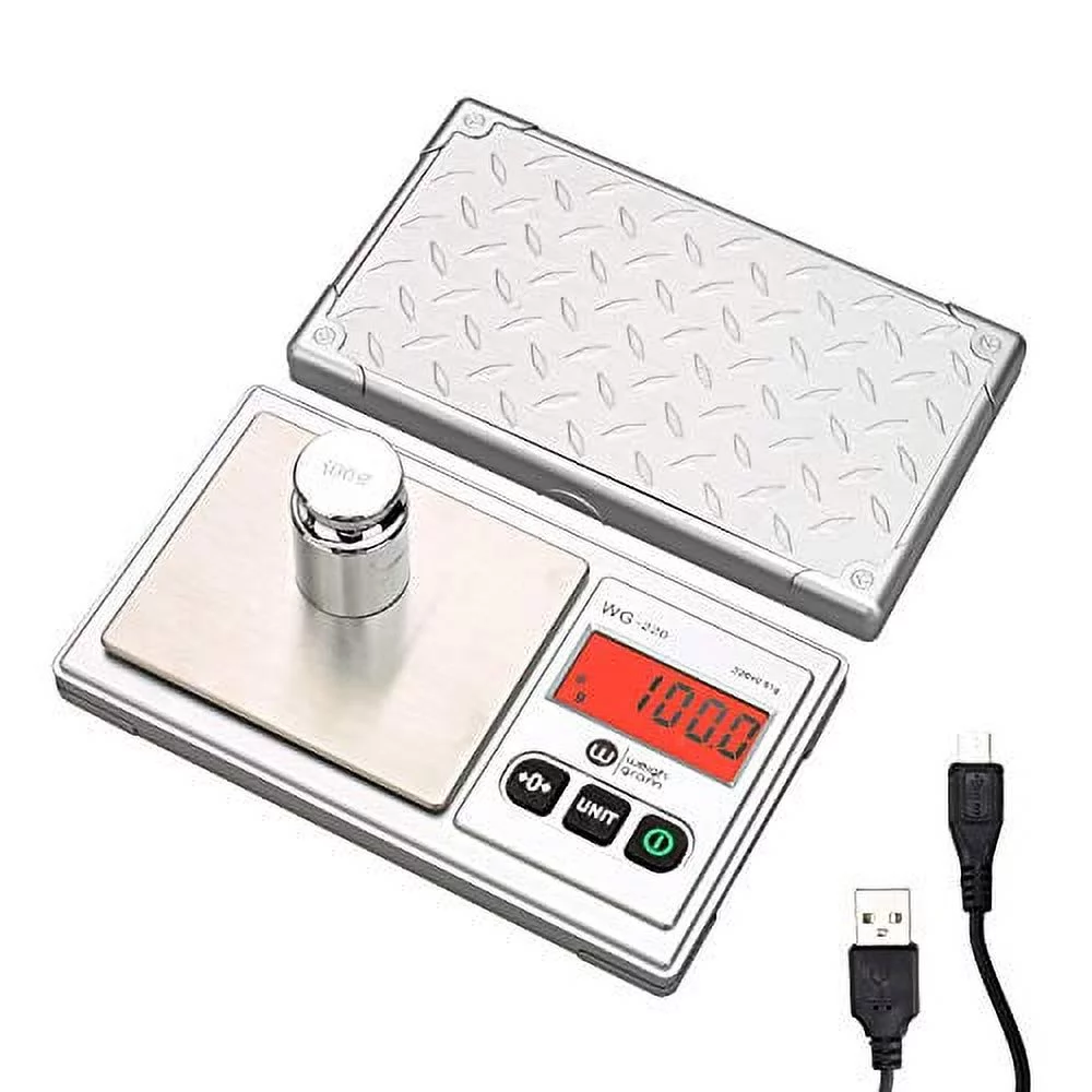Gram Scale 220g/ 0.01g, Digital Pocket Scale 100g calibration weight,Mini Jewelry Scale, Kitchen Scale,6 Units Conversion, Tare & LCD Display, Auto Off, Rechargeable Battery