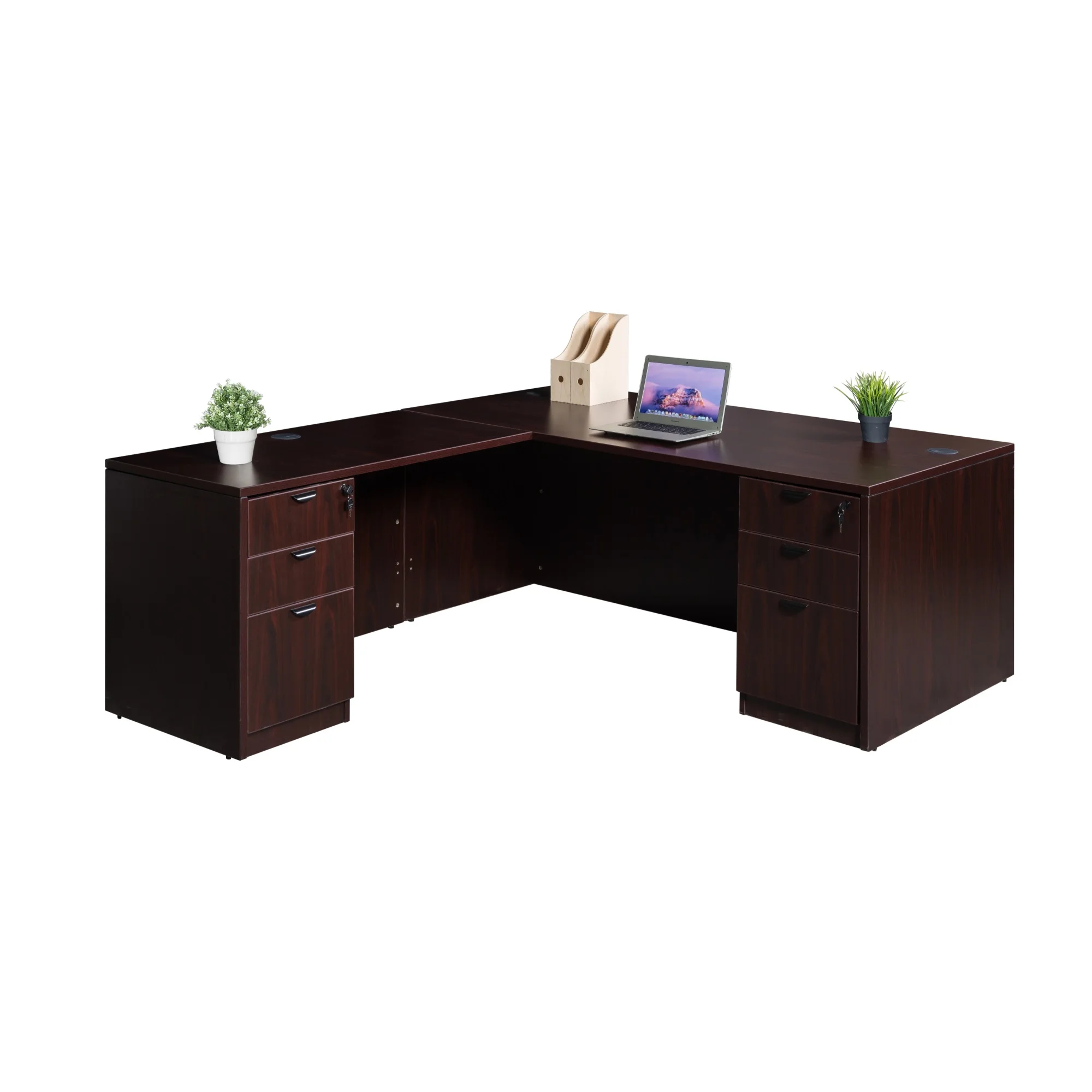 Boss Office Products 66 Inch Executive L-Shape Corner Desk with Dual Box/Box/File Storage Pedestals, Mahogany