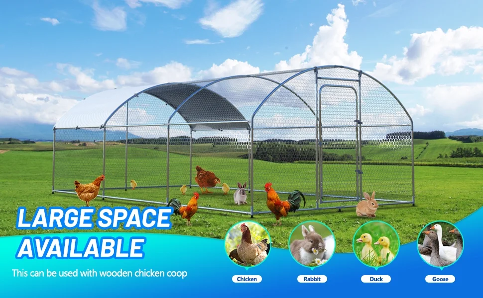 JHOOTUUO Metal Large  Coop Walk-in Poultry Cage Large  Run Arc Shaped Cage with Waterproof Anti-UltravioletCover  1.” Diameter Tube (19.6‘ L x 9.8‘ W x 6.5‘ H)