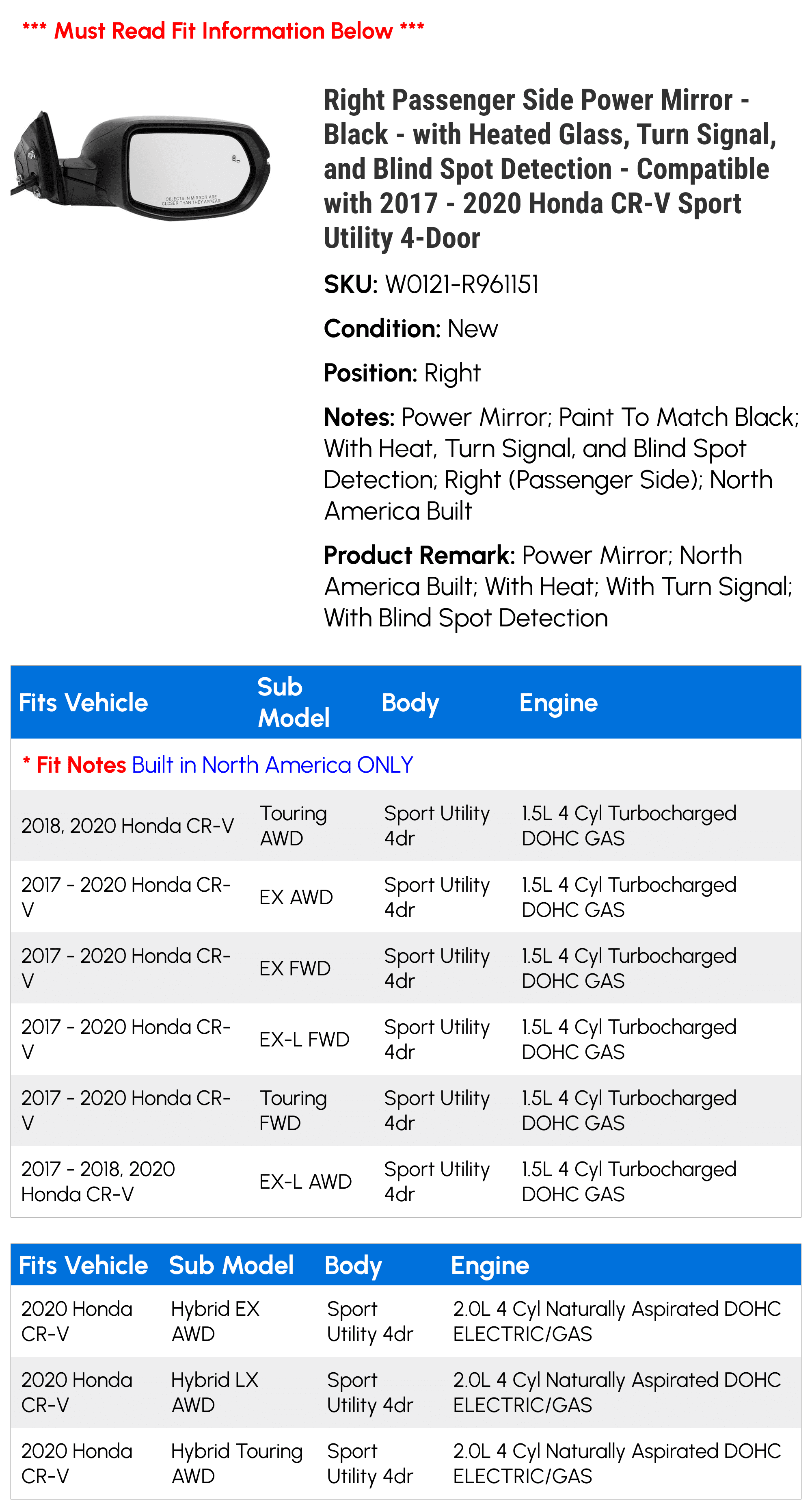 Right Passenger Side Power Mirror - Black - with Heated Glass, Turn Signal, and Blind Spot Detection - Compatible with 2017 - 2020 Honda CR-V Sport Utility 4-Door 2018 2019
