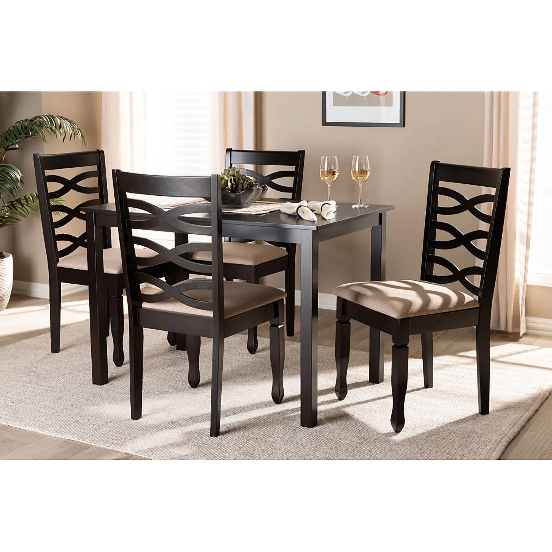 Baxton Studio Lanier Modern and Contemporary Sand Fabric Upholstered Espresso Brown Finished Wood 5-Piece Dining Set