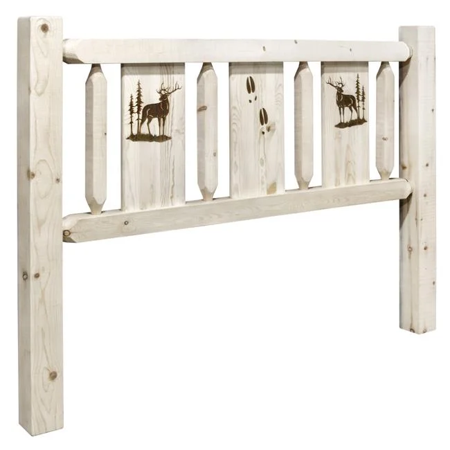 Montana Woodworks  Homestead Collection King Size Headboard with Laser Engraved Elk Design, Clear Lacquer Finish