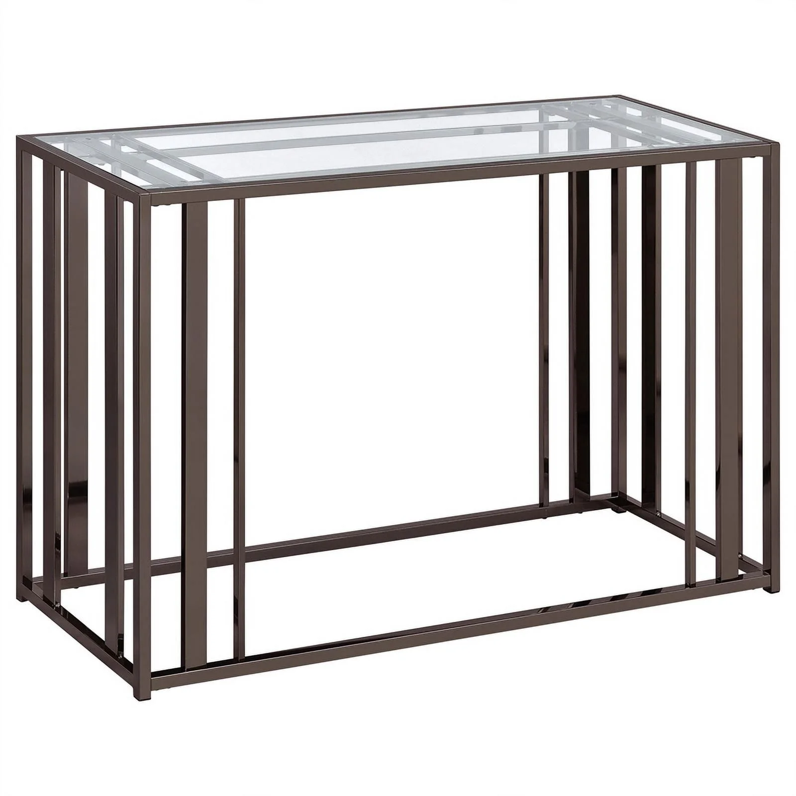 Pemberly Row Metal Rectangular Glass Top Sofa Table in Clear and Black Nickel