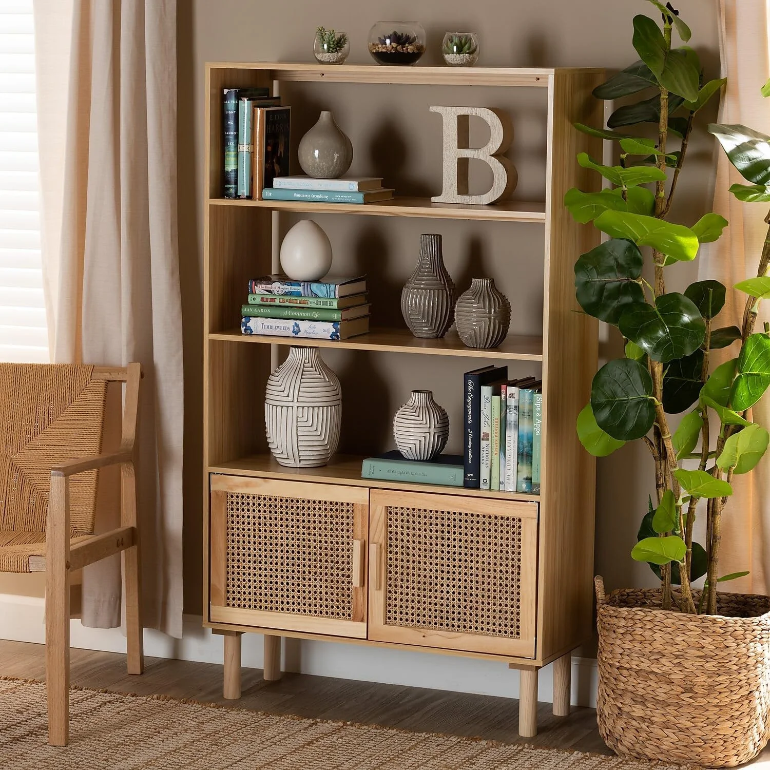 xrboomlife Mid-Century Modern Natural Brown Finished Wood and Rattan 2-Door Bookcase