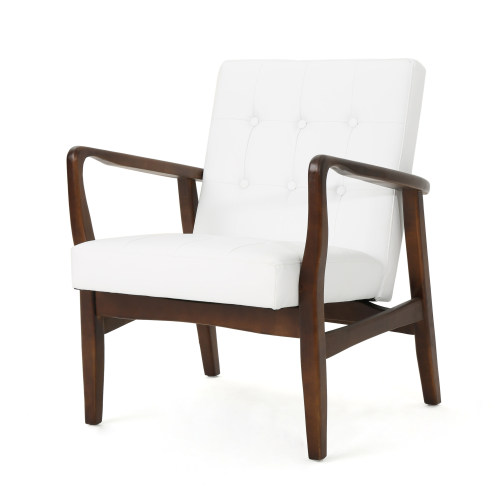 Mid Century Modern Faux Leather Club Chair with Wood Frame, White and Dark Espresso